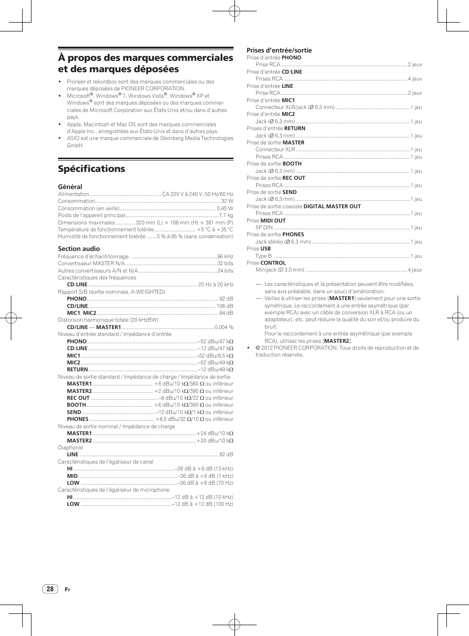 Spécifications | Pioneer DJM-850-W User Manual | Page 54 / 84