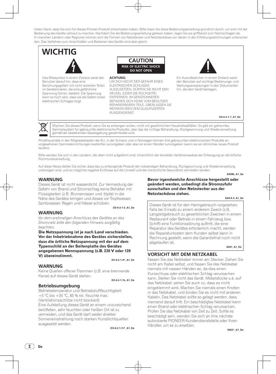 Wichtig, Caution, Warnung | Betriebsumgebung, Vorsicht mit dem netzkabel | Pioneer DJM-850-W User Manual | Page 56 / 84