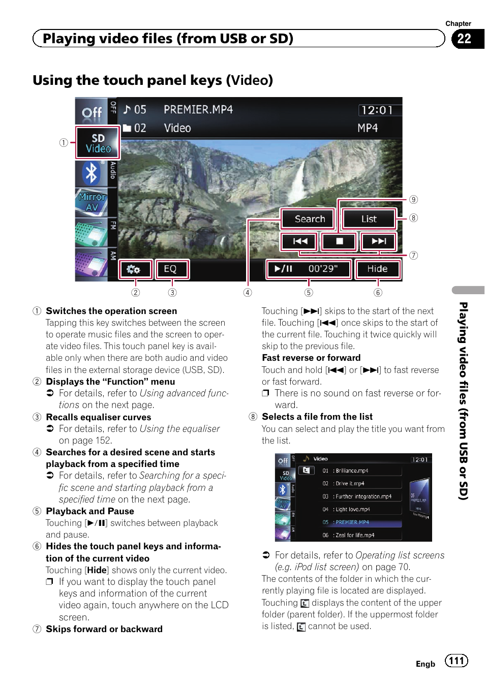 Using the touch panel keys (video), Using the touch panel, Keys | Playing video files (from usb or sd) | Pioneer AVIC-F9310BT User Manual | Page 111 / 208