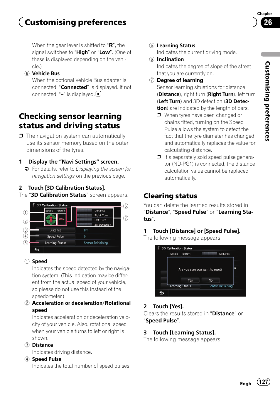 Checking sensor learning status and driving, Status, Clearing status 127 | Checking sensor learning status and driving status, Customising preferences, Clearing status | Pioneer AVIC-F9310BT User Manual | Page 127 / 208