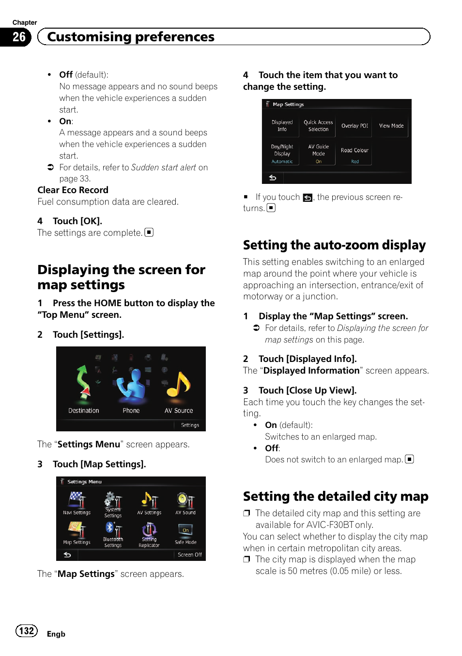 Displaying the screen for map settings, Setting the auto-zoom display, Setting the detailed city map | Setting the auto-zoom, Displaying the screen for, 26 customising preferences | Pioneer AVIC-F9310BT User Manual | Page 132 / 208