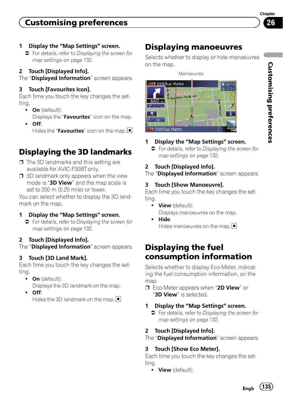 Displaying the 3d landmarks, Displaying manoeuvres, Displaying the fuel consumption | Information, Displaying man, Displaying the fuel, Displaying the fuel consumption information, Customising preferences | Pioneer AVIC-F9310BT User Manual | Page 135 / 208