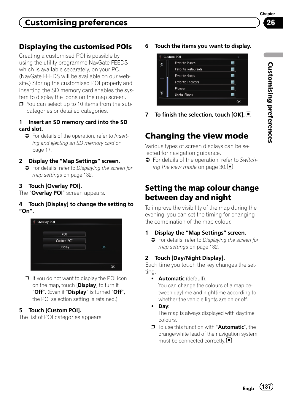 Displaying the customised pois 137, Changing the view mode, Setting the map colour change between day | And night, Customising preferences, Displaying the customised pois | Pioneer AVIC-F9310BT User Manual | Page 137 / 208