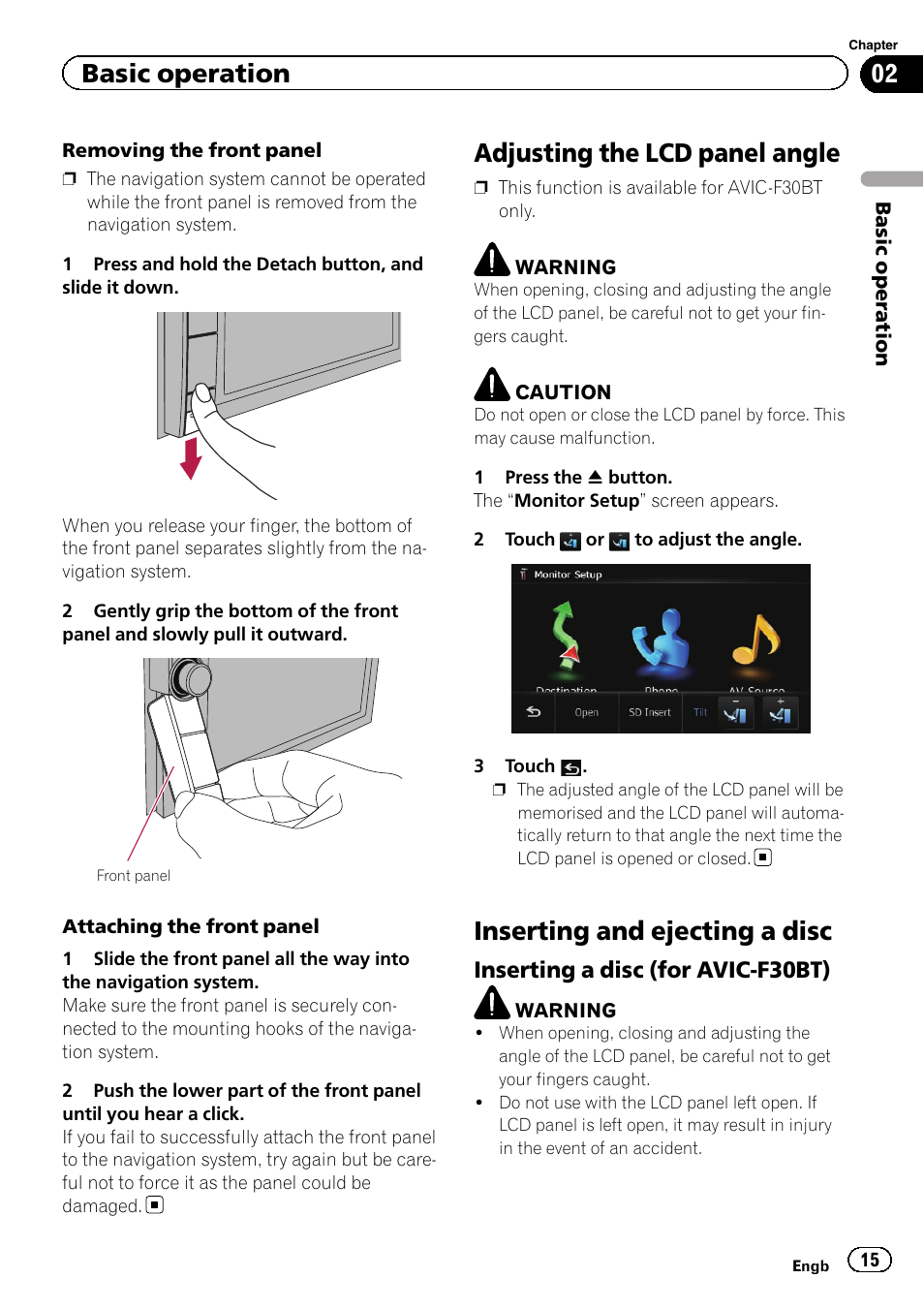 Adjusting the lcd panel angle, Inserting and ejecting a disc, Inserting a disc (for avic-f30bt) 15 | Inserting and ejecting, Removing the front, Basic operation, Inserting a disc (for avic-f30bt) | Pioneer AVIC-F9310BT User Manual | Page 15 / 208