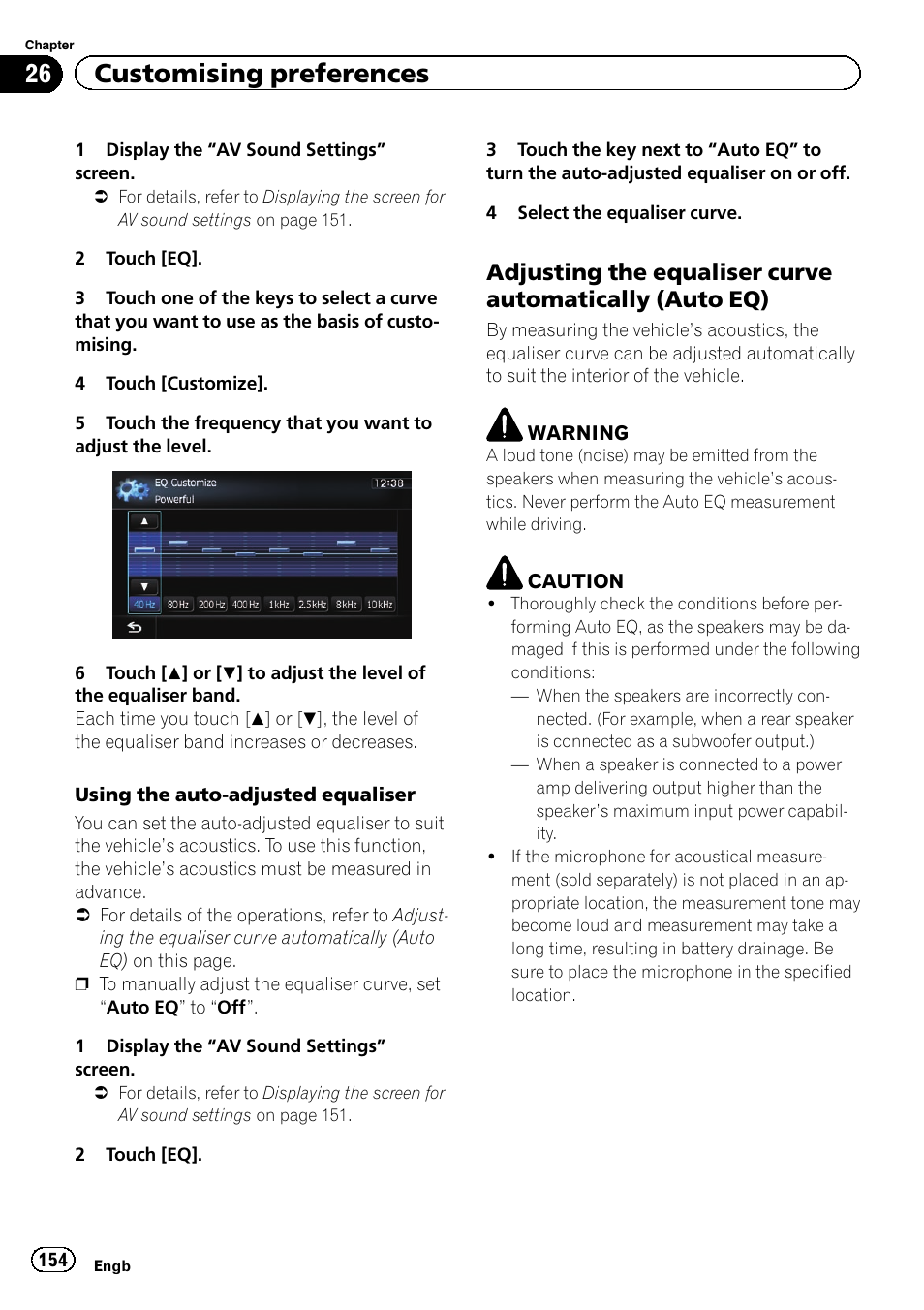 Adjusting the equaliser curve, Automatically (auto eq), Using the auto-ad | Adjust, 26 customising preferences | Pioneer AVIC-F9310BT User Manual | Page 154 / 208