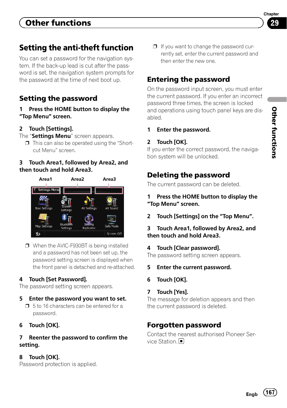 Other functions setting the anti-theft function, Setting the password 167, Entering the password 167 | Deleting the password 167, Forgotten password 167, Setting the anti-theft function, Other functions, Setting the password, Entering the password, Deleting the password | Pioneer AVIC-F9310BT User Manual | Page 167 / 208