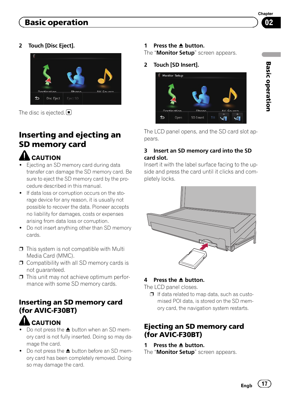 Inserting and ejecting an sd memory, Card, Inserting an sd memory card (for avic | F30bt), Ejecting an sd memory card (for avic, Inserting and ejecting, Basic operation | Pioneer AVIC-F9310BT User Manual | Page 17 / 208