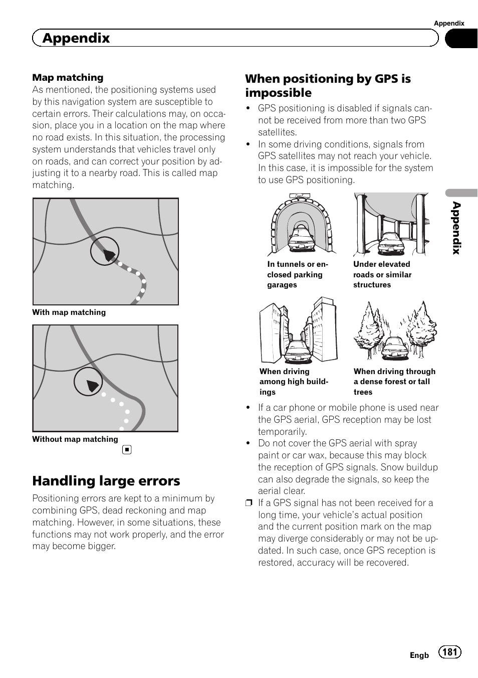 Handling large errors, When positioning by gps is, Impossible | Appendix, When positioning by gps is impossible | Pioneer AVIC-F9310BT User Manual | Page 181 / 208