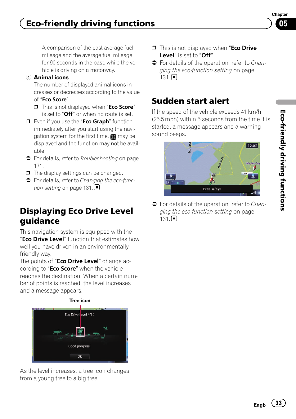 Displaying eco drive level guidance, Sudden start alert, Eco-friendly driving functions | Pioneer AVIC-F9310BT User Manual | Page 33 / 208