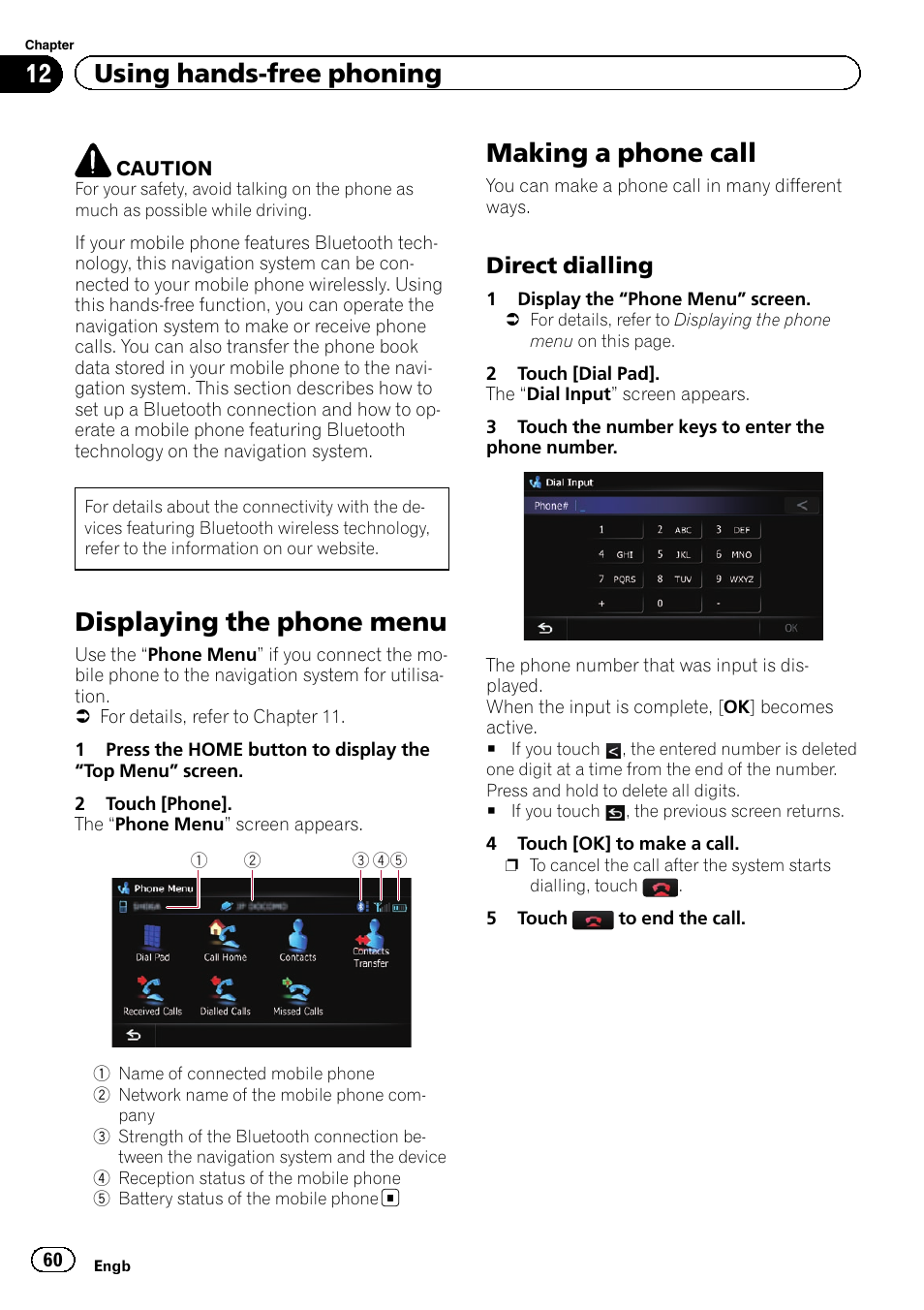 Using hands-free phoning displaying the phone menu, Making a phone call, Direct dialling 60 | Displaying the phone menu, 12 using hands-free phoning, Direct dialling | Pioneer AVIC-F9310BT User Manual | Page 60 / 208