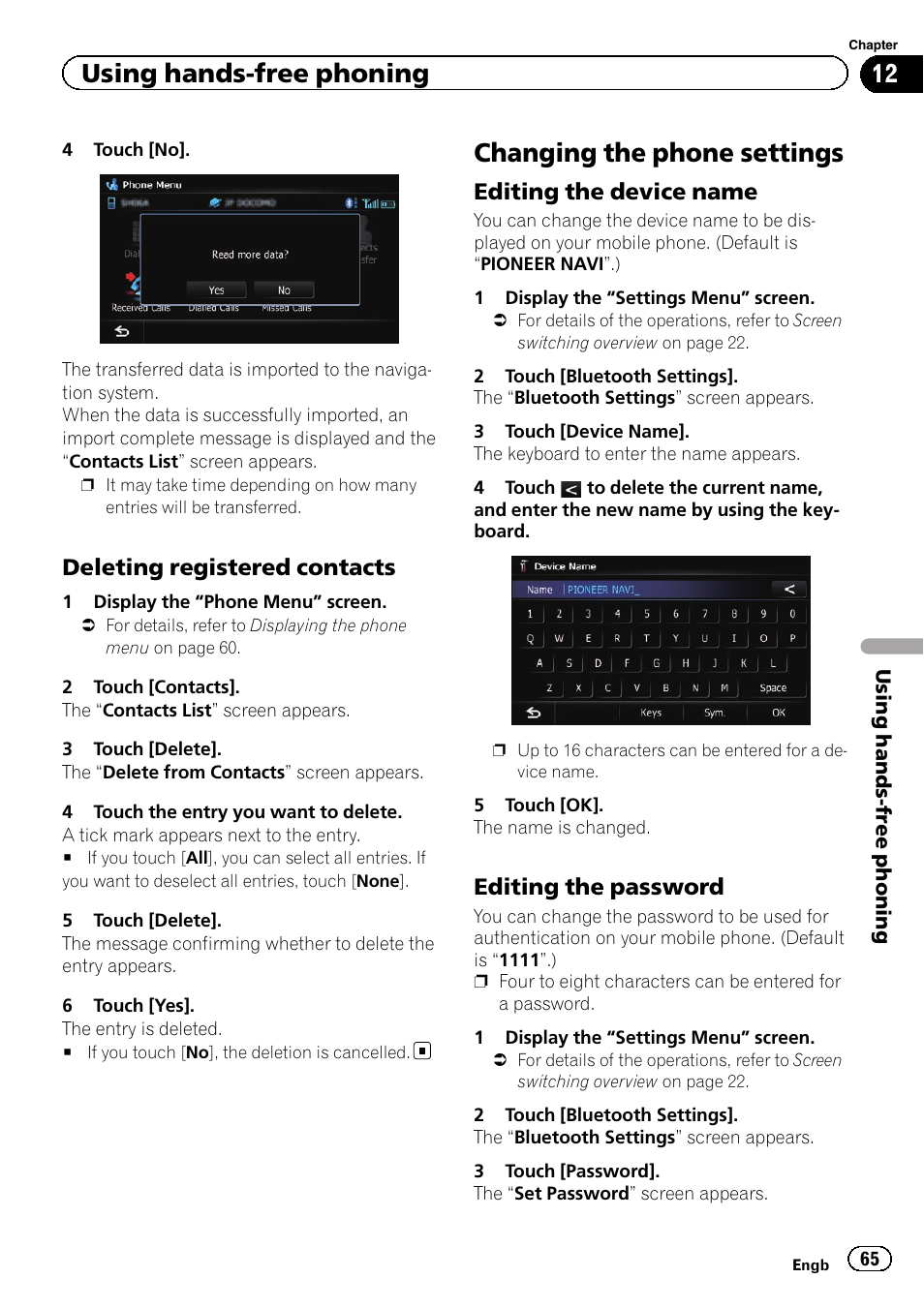 Deleting registered contacts 65, Changing the phone settings, Editing the device name 65 | Editing the password 65, Using hands-free phoning, Deleting registered contacts, Editing the device name, Editing the password | Pioneer AVIC-F9310BT User Manual | Page 65 / 208