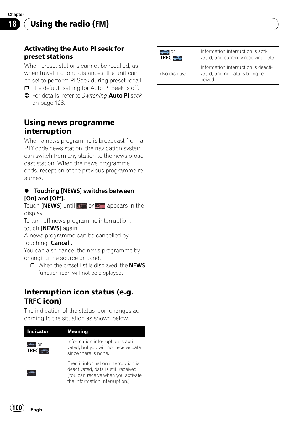 Using news programme, Interruption, Interruption icon status (e.g. trfc | Icon), Using the radio (fm), Using news programme interruption, Interruption icon status (e.g. trfc icon) | Pioneer AVIC-F910BT User Manual | Page 100 / 170