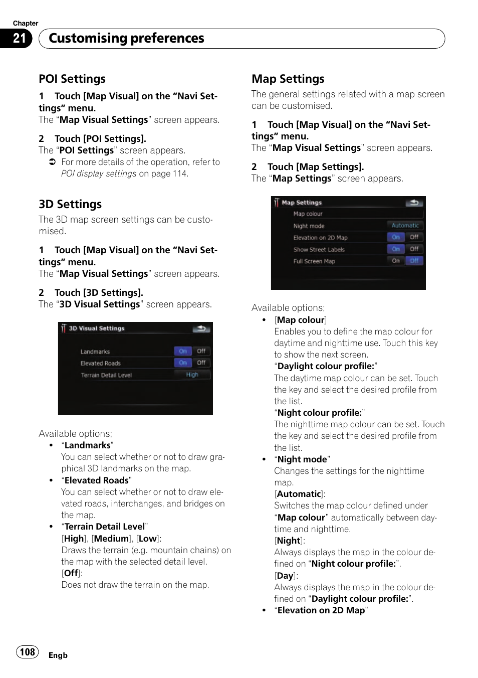 Poi settings 108, 3d settings 108, Map settings 108 | Map settings on, Customising preferences, Poi settings, 3d settings, Map settings | Pioneer AVIC-F910BT User Manual | Page 108 / 170
