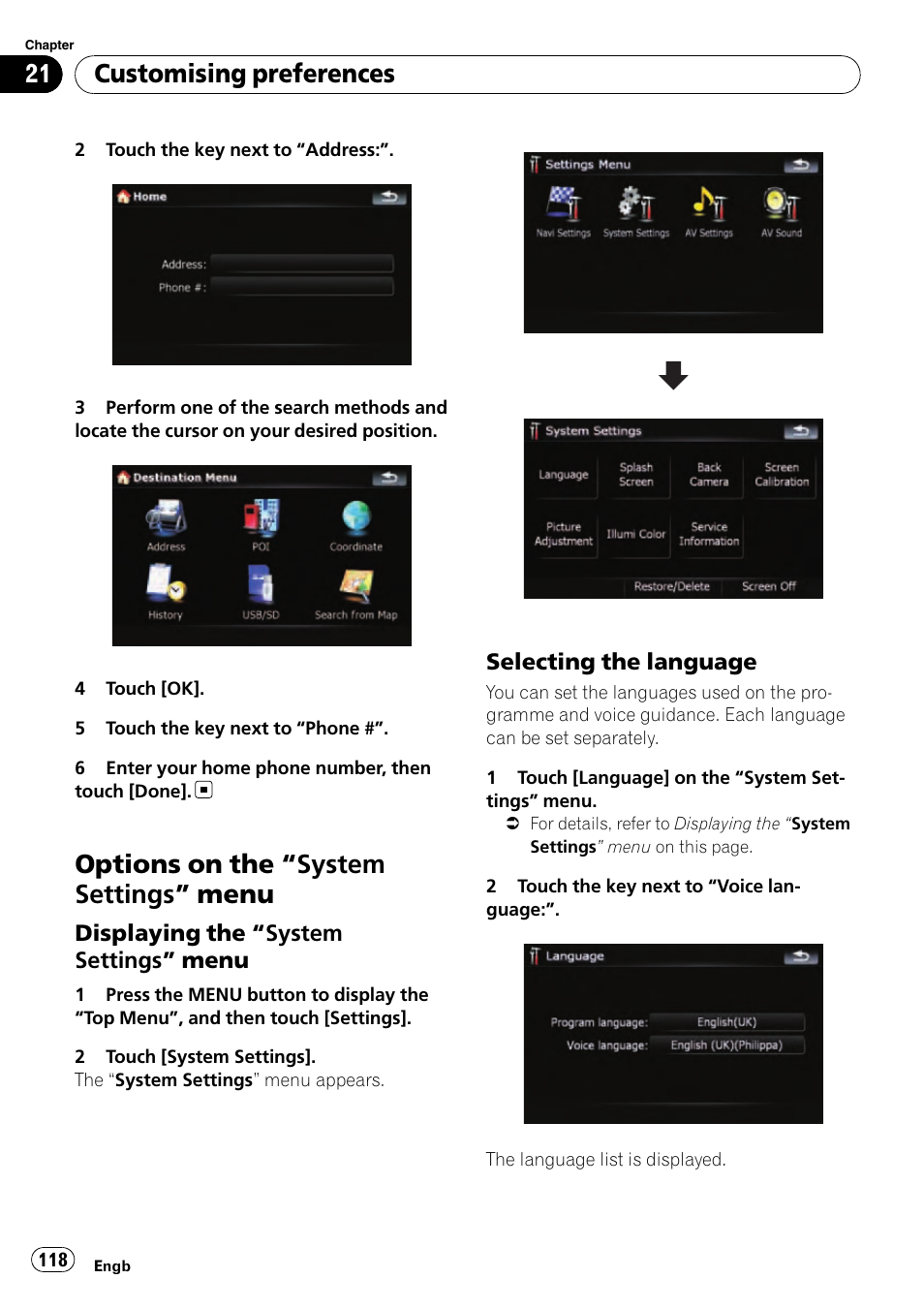 Options on the, System settings” menu 118, Displaying the “system settings | Menu, Selecting the language 118, Selecting the lan, Options on the “system settings ” menu, Customising preferences | Pioneer AVIC-F910BT User Manual | Page 118 / 170