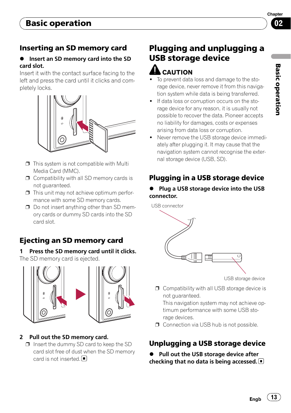 Plugging and unplugging a usb storage device, Basic operation, Plugging in a usb storage device | Unplugging a usb storage device | Pioneer AVIC-F910BT User Manual | Page 13 / 170