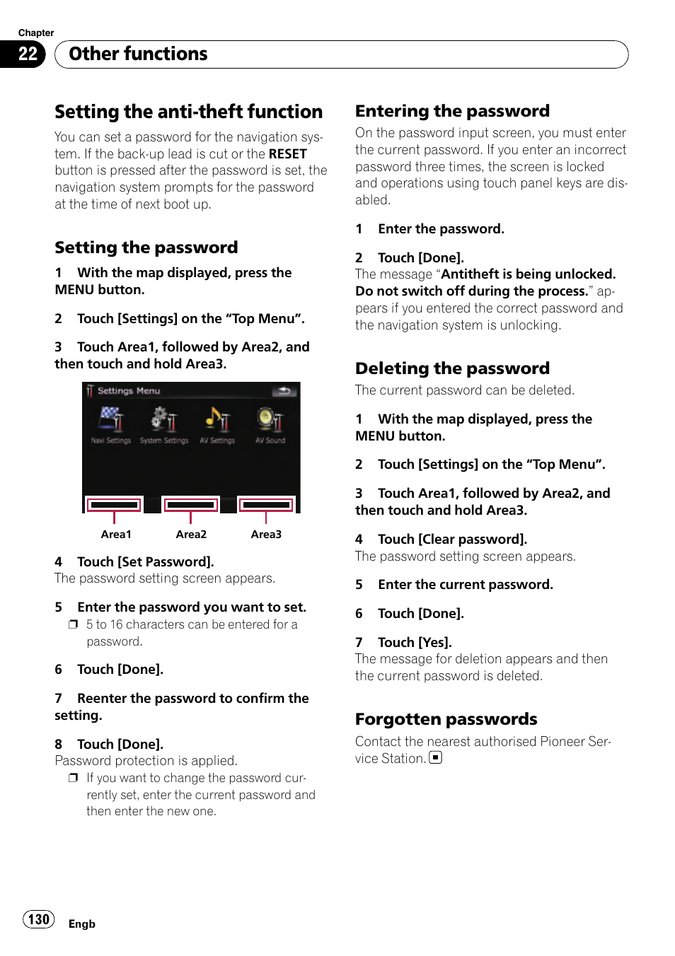 Other functions setting the anti-theft function, Setting the password 130, Entering the password 130 | Deleting the password 130, Forgotten passwords 130, Setting the anti-theft function, Other functions, Setting the password, Entering the password, Deleting the password | Pioneer AVIC-F910BT User Manual | Page 130 / 170