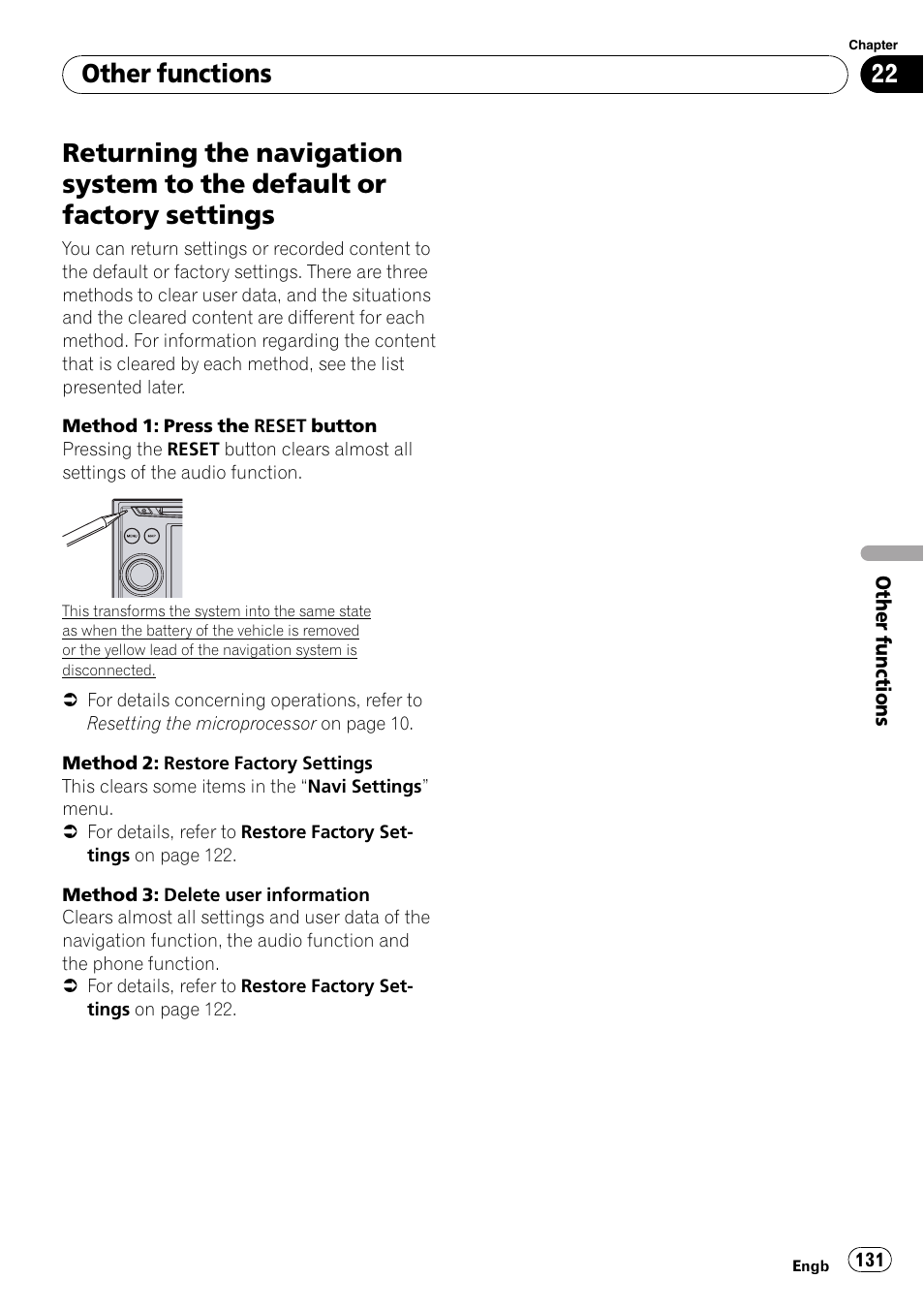 Returning the navigation system to the, Default or factory settings, Returning the na | Other functions | Pioneer AVIC-F910BT User Manual | Page 131 / 170