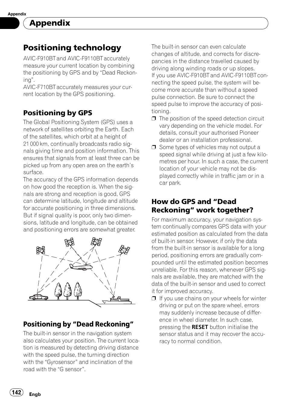 Positioning technology, Positioning by gps 142, Positioning by “dead reckoning” 142 | How do gps and “dead reckoning, Work together, Appendix | Pioneer AVIC-F910BT User Manual | Page 142 / 170