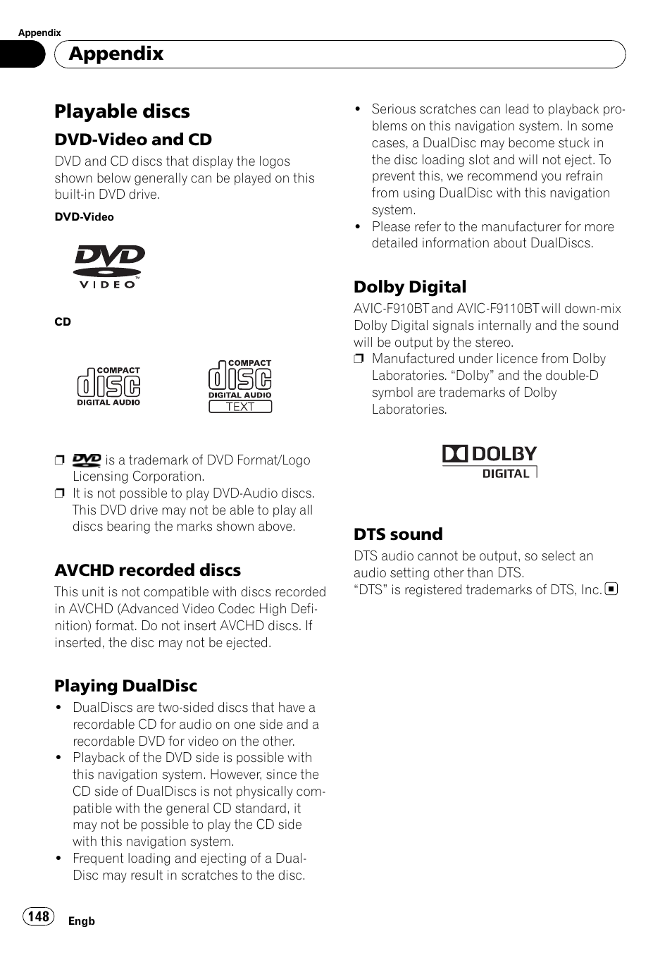 Playable discs, Dvd-video and cd 148, Avchd recorded discs 148 | Playing dualdisc 148, Dolby digital 148, Dts sound 148, Appendix | Pioneer AVIC-F910BT User Manual | Page 148 / 170