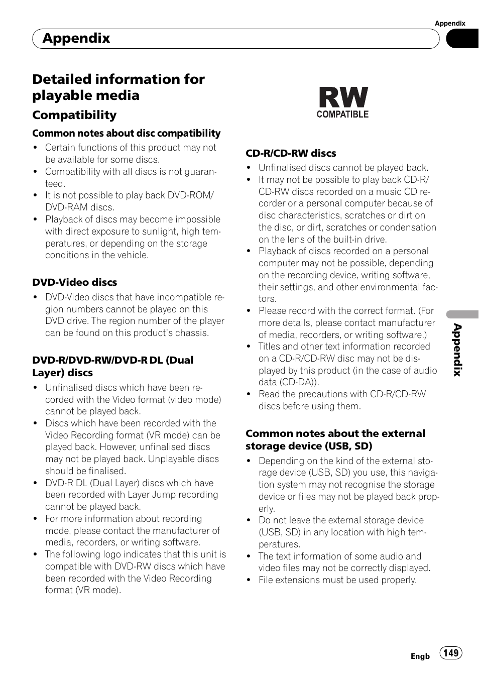 Detailed information for playable media, Compatibility 149, Appendix | Compatibility | Pioneer AVIC-F910BT User Manual | Page 149 / 170