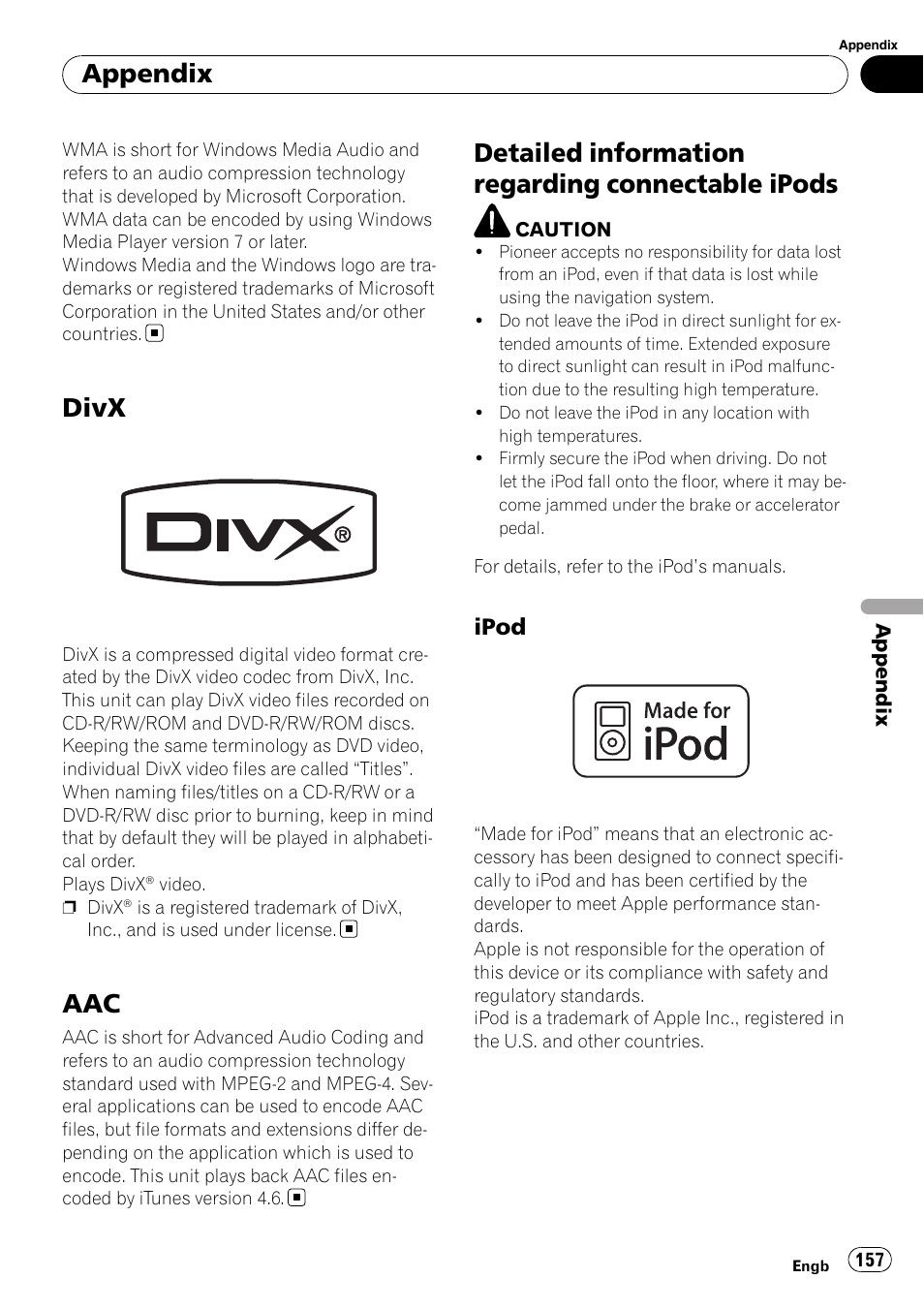 Divx, Detailed information regarding connectable, Ipods | Ipod 157, Detailed information regarding connectable ipods, Appendix, Ipod | Pioneer AVIC-F910BT User Manual | Page 157 / 170