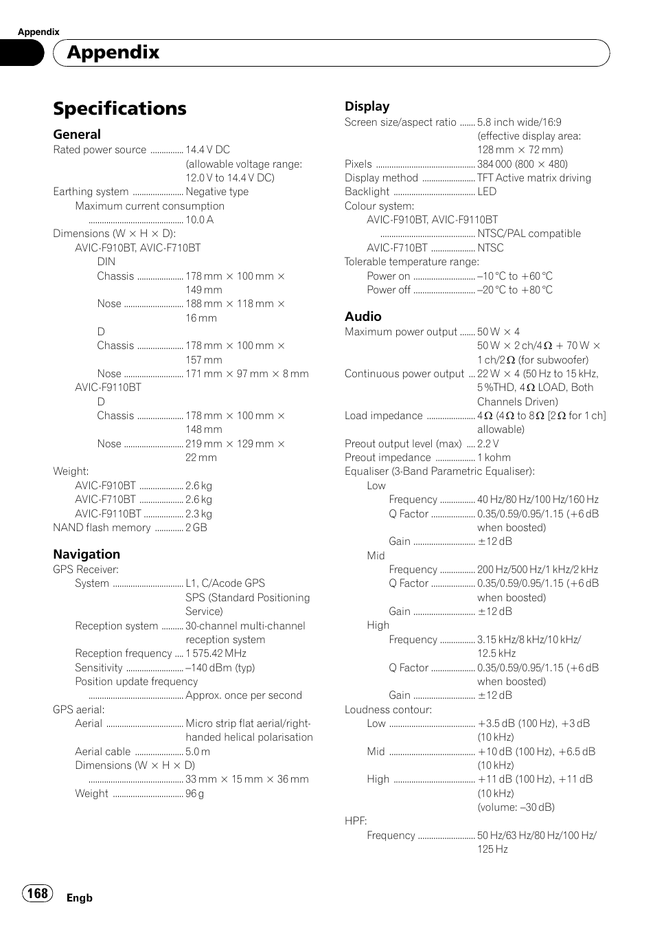 Specifications, Appendix, General | Navigation, Display, Audio | Pioneer AVIC-F910BT User Manual | Page 168 / 170