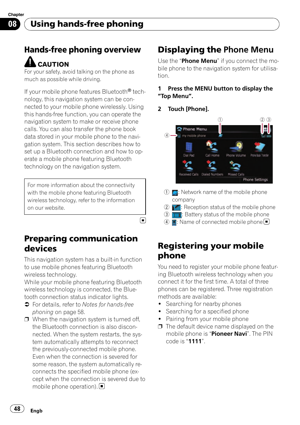 Preparing communication devices, Displaying the phone menu, Registering your mobile phone | Using hands-free, Phoning, Hands-free phoning overview, Using hands-free phoning | Pioneer AVIC-F910BT User Manual | Page 48 / 170