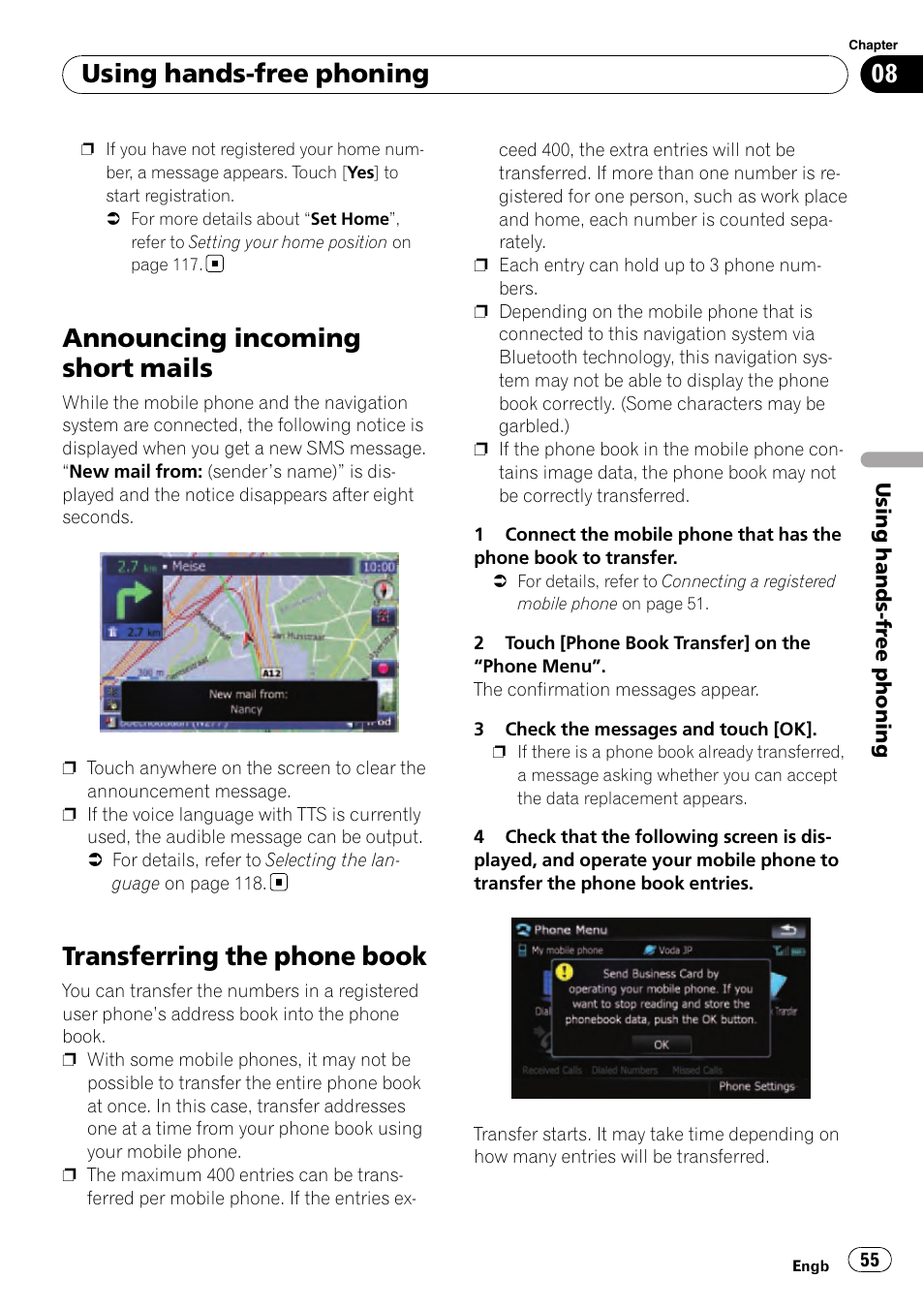 Announcing incoming short mails, Transferring the phone book, Using hands-free phoning | Pioneer AVIC-F910BT User Manual | Page 55 / 170