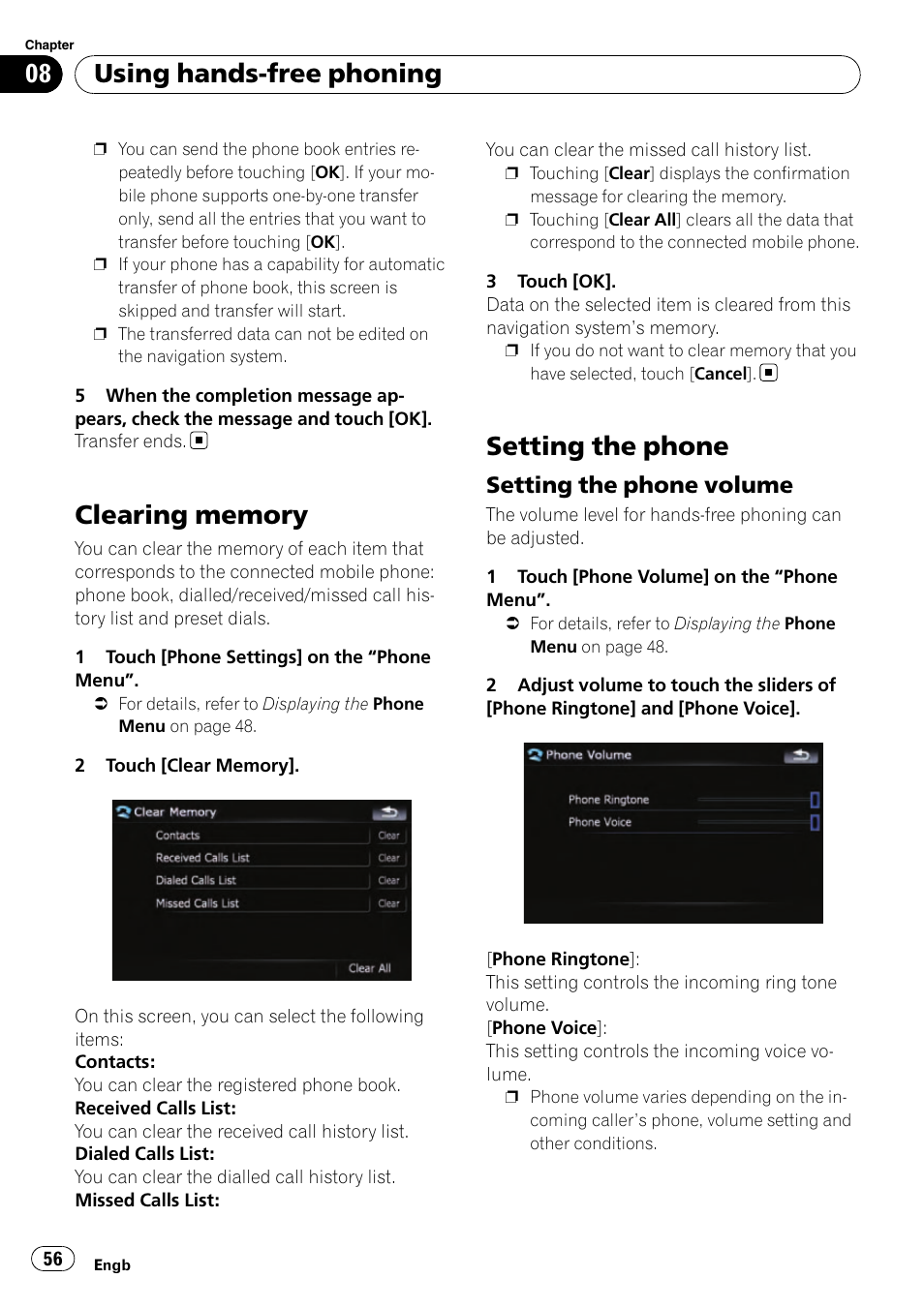 Clearing memory, Setting the phone, Setting the phone volume 56 | Setting the phone volume, Using hands-free phoning | Pioneer AVIC-F910BT User Manual | Page 56 / 170