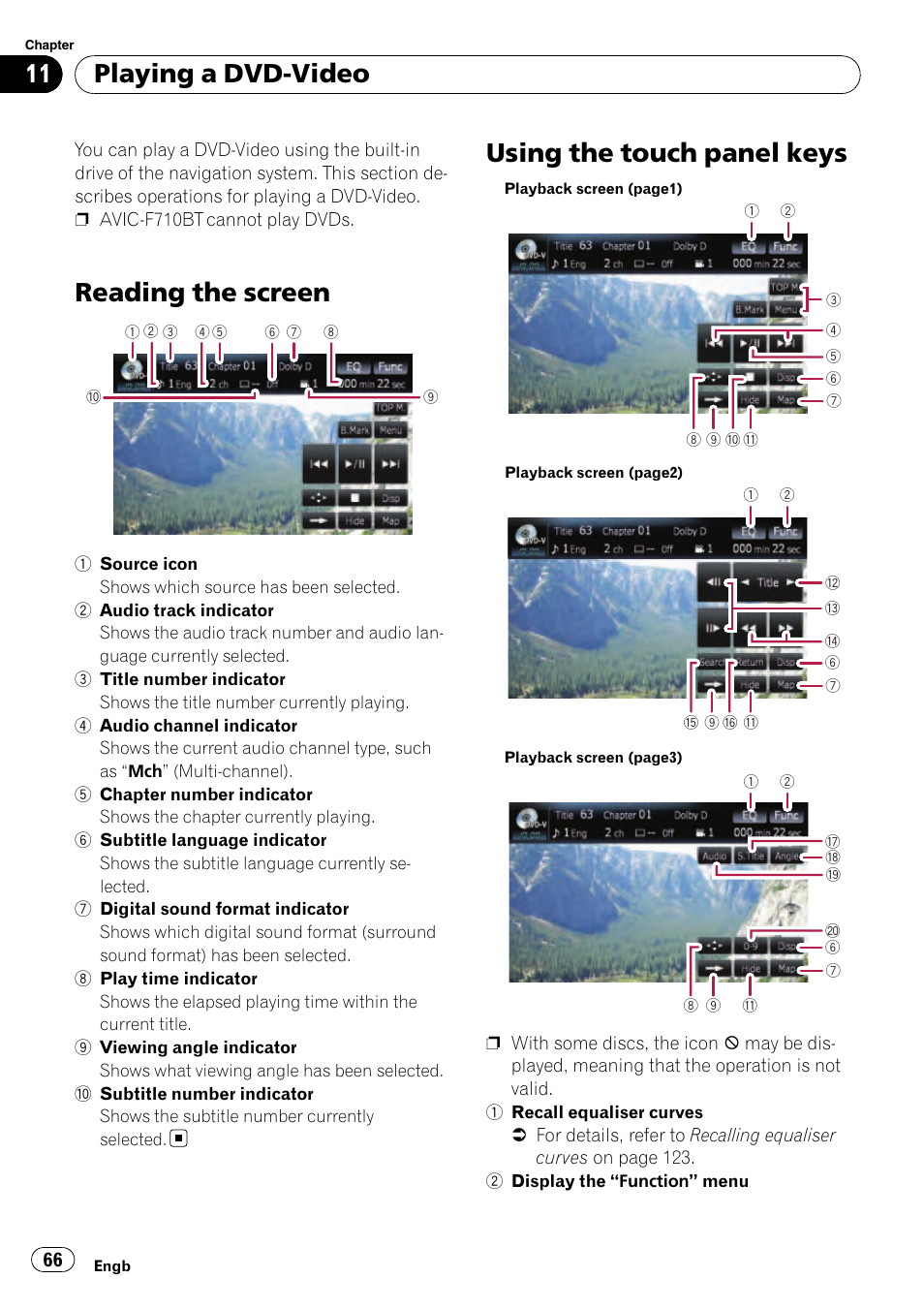 Playing a dvd-video reading the screen, Using the touch panel keys, Reading the screen | Playing a dvd-video | Pioneer AVIC-F910BT User Manual | Page 66 / 170