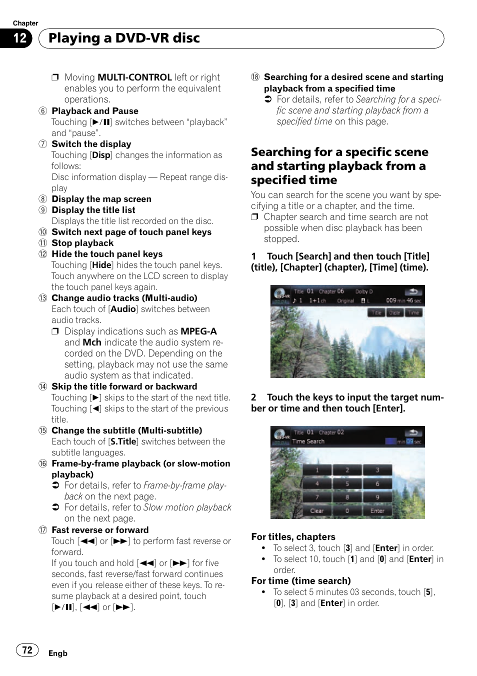 Searching for a specific scene and, Starting playback from a specified time, Playing a dvd-vr disc | Pioneer AVIC-F910BT User Manual | Page 72 / 170