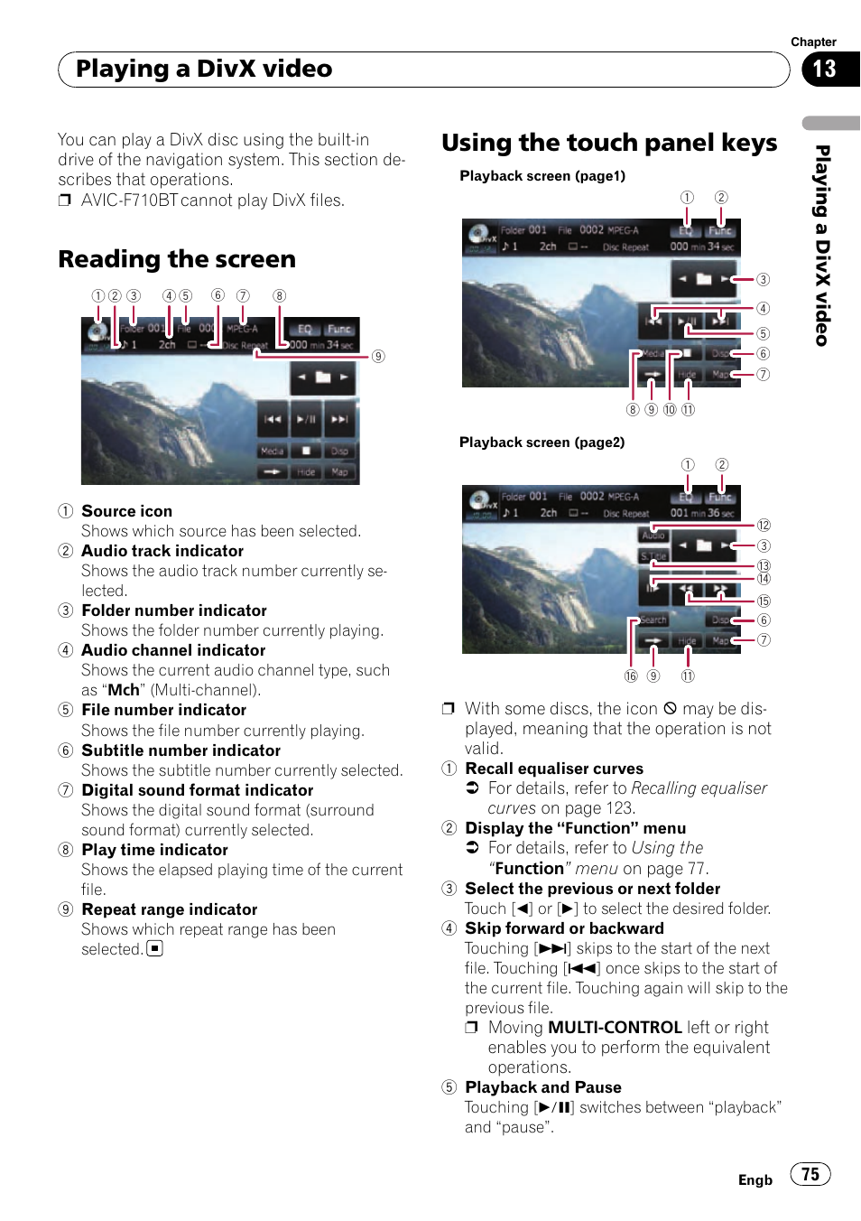 Playing a divx video reading the screen, Using the touch panel keys, Reading the screen | Playing a divx video | Pioneer AVIC-F910BT User Manual | Page 75 / 170