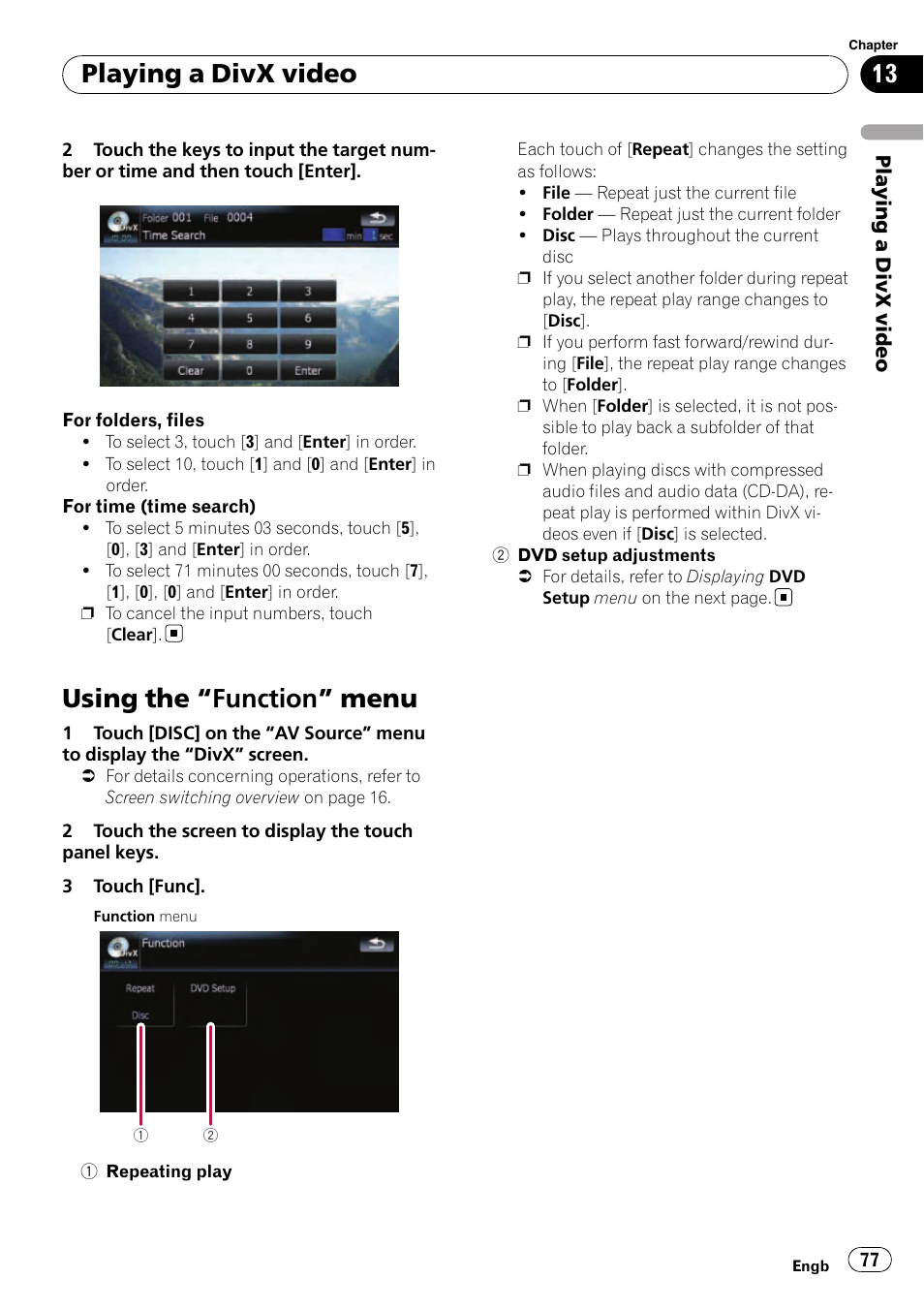 Using the, Function” menu 77, Using the “function” menu | Playing a divx video | Pioneer AVIC-F910BT User Manual | Page 77 / 170