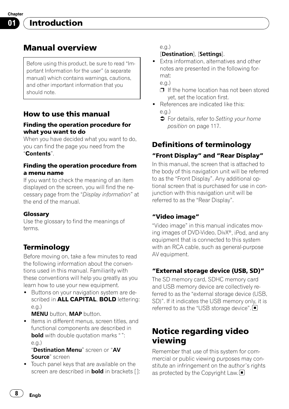 Manual overview, Notice regarding video viewing, Introduction | How to use this manual, Terminology, Definitions of terminology | Pioneer AVIC-F910BT User Manual | Page 8 / 170