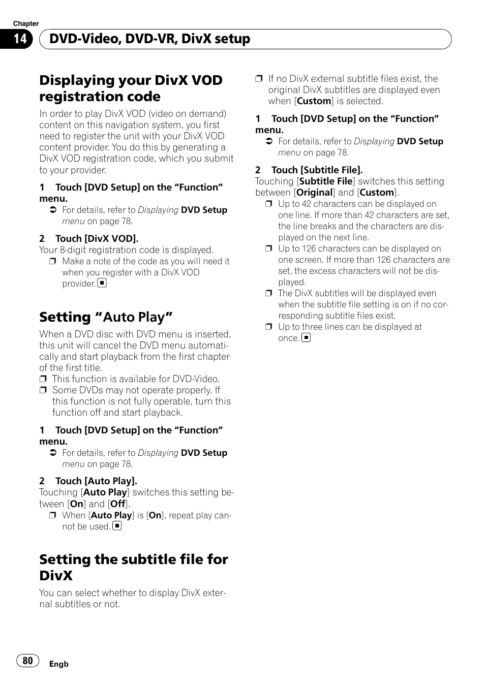 Displaying your divx vod registration, Code, Setting | Auto play” 80, Setting the subtitle file for divx, Displaying your divx vod registration code, Setting “auto play, Dvd-video, dvd-vr, divx setup | Pioneer AVIC-F910BT User Manual | Page 80 / 170