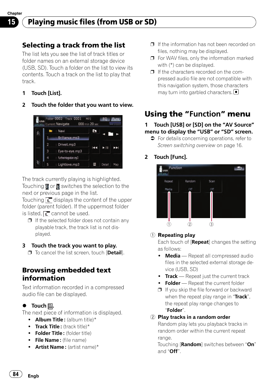 Selecting a track from the list 84, Browsing embedded text, Information | Using the, Function” menu 84, Using the “function” menu, Playing music files (from usb or sd), Selecting a track from the list, Browsing embedded text information | Pioneer AVIC-F910BT User Manual | Page 84 / 170