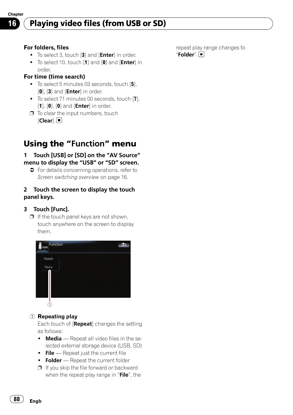 Using the, Function” menu 88, Using the “function” menu | Playing video files (from usb or sd) | Pioneer AVIC-F910BT User Manual | Page 88 / 170