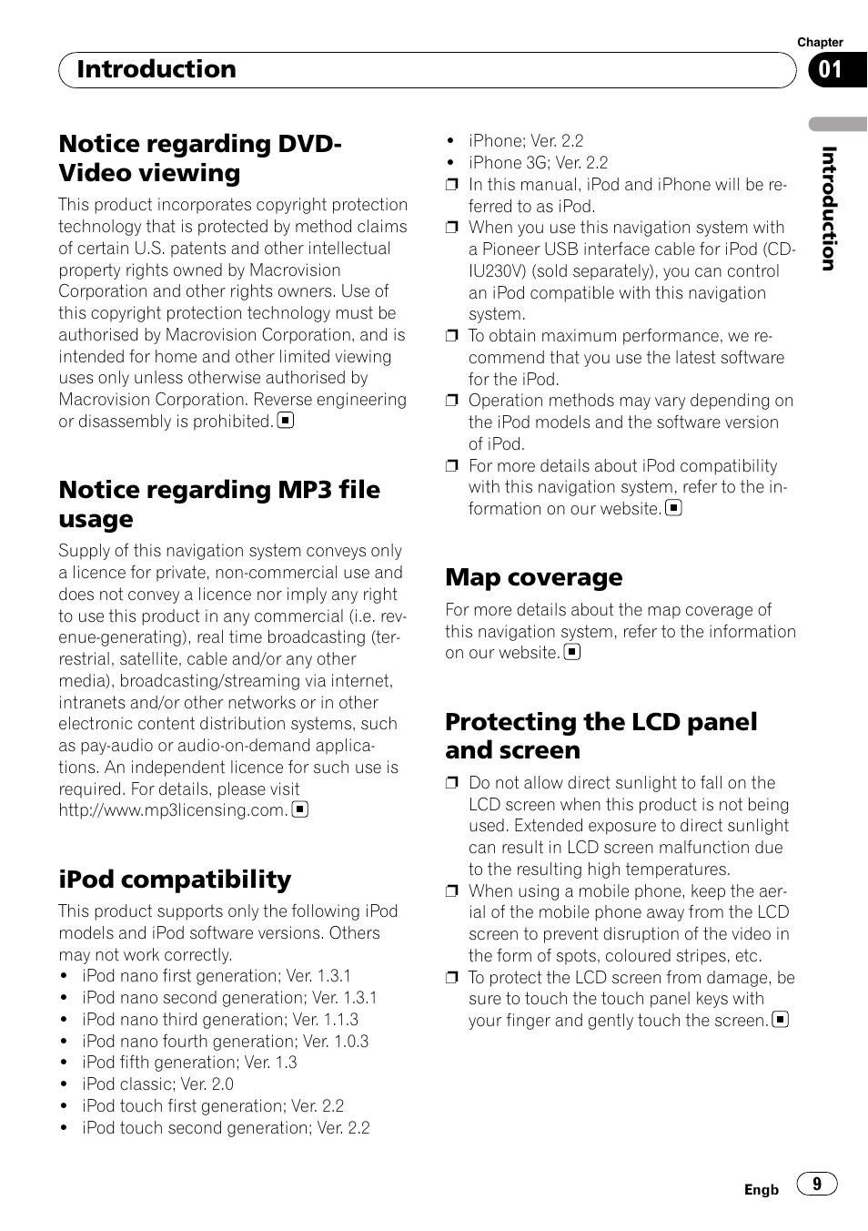 Notice regarding dvd- video viewing, Notice regarding mp3 file usage, Ipod compatibility | Map coverage, Protecting the lcd panel and screen, Introduction | Pioneer AVIC-F910BT User Manual | Page 9 / 170