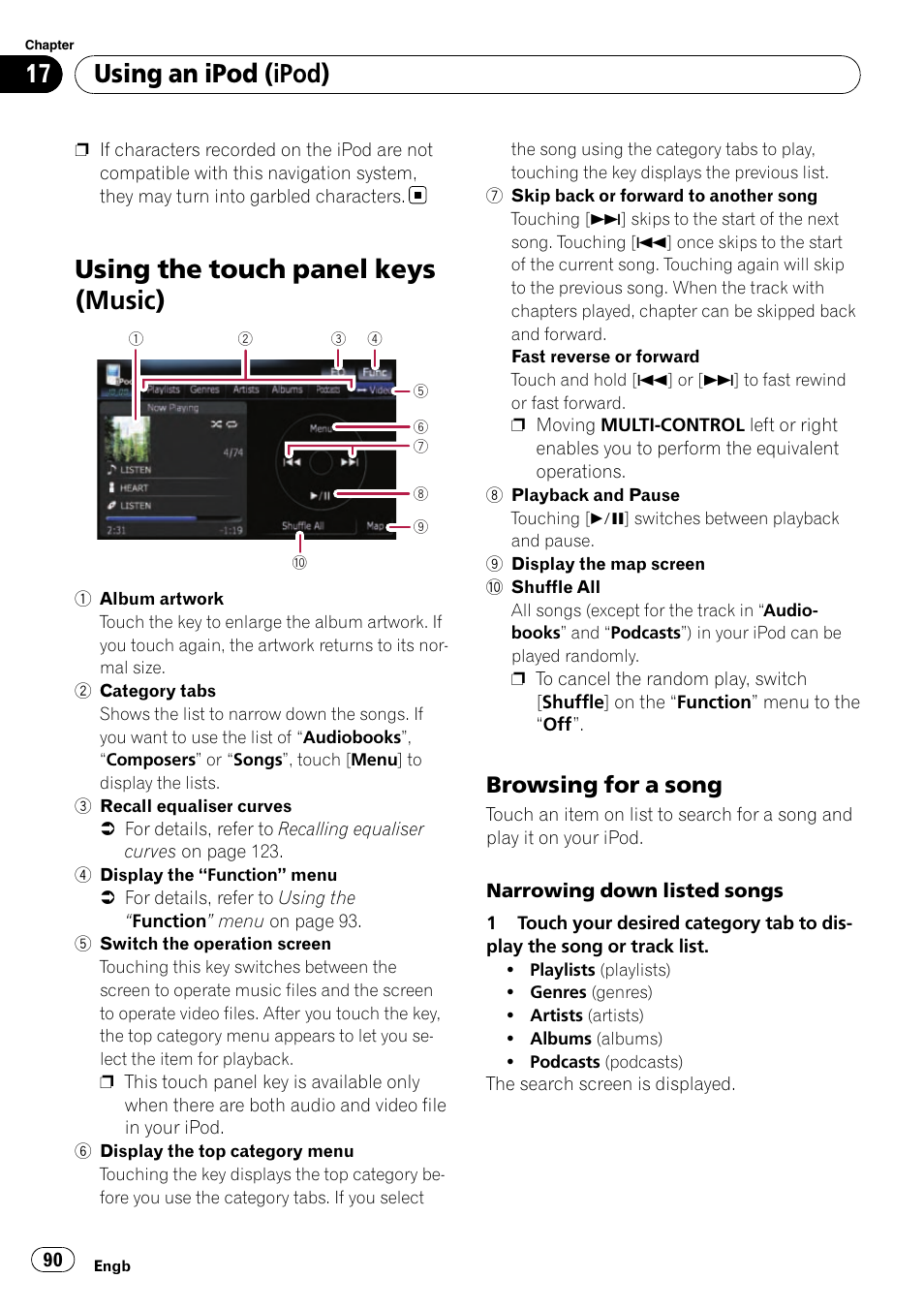 Using the touch panel keys (music), Browsing for a song 90, Using an ipod (ipod) | Browsing for a song | Pioneer AVIC-F910BT User Manual | Page 90 / 170