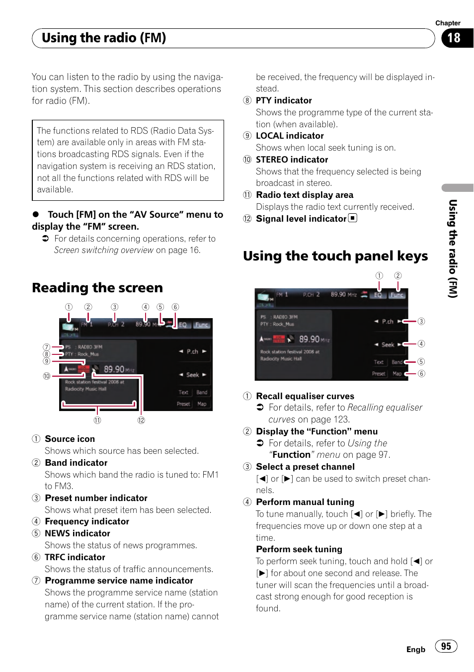 Using the radio (fm) reading the screen, Using the touch panel keys, Reading the screen | Using the radio (fm) | Pioneer AVIC-F910BT User Manual | Page 95 / 170