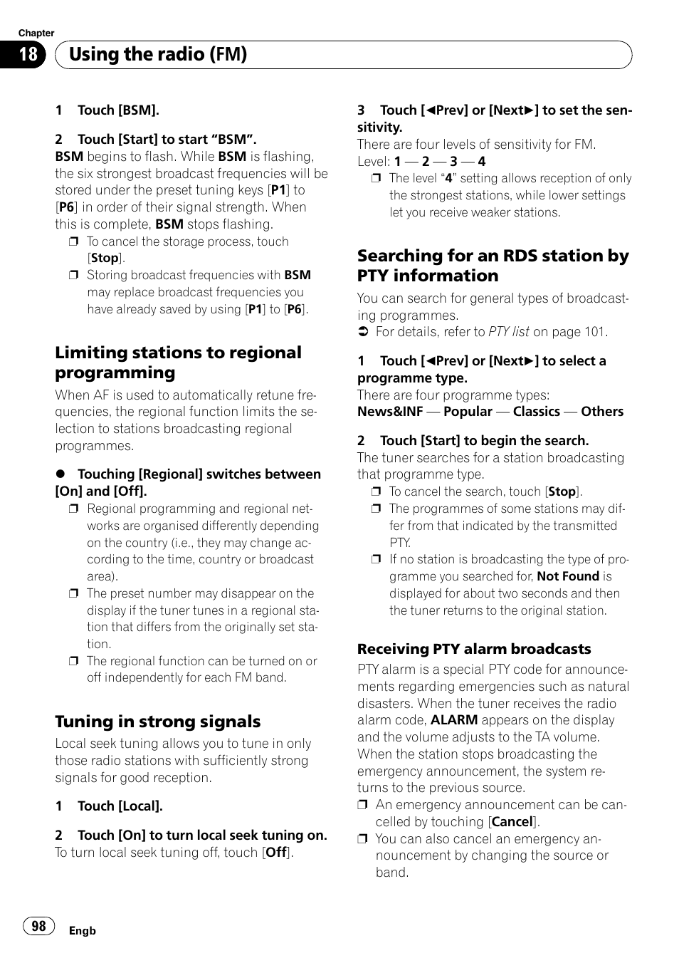 Limiting stations to regional, Programming, Tuning in strong signals 98 | Searching for an rds station by pty, Information, Using the radio (fm), Limiting stations to regional programming, Tuning in strong signals, Searching for an rds station by pty information | Pioneer AVIC-F910BT User Manual | Page 98 / 170