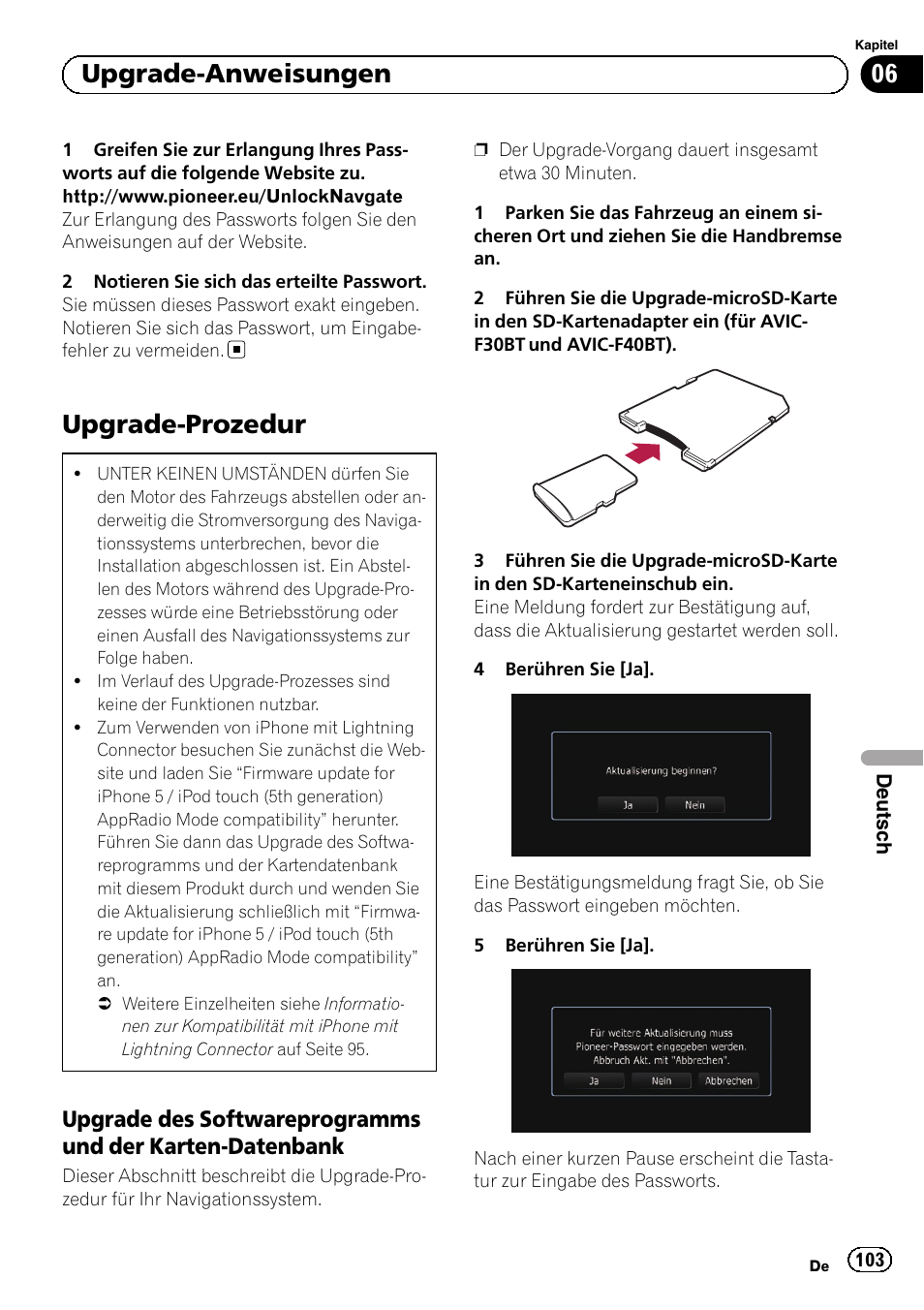 Upgrade-prozedur, Upgrade des softwareprogramms und, Der karten-datenbank | 06 upgrade-anweisungen | Pioneer AVIC-F9310BT User Manual | Page 103 / 128