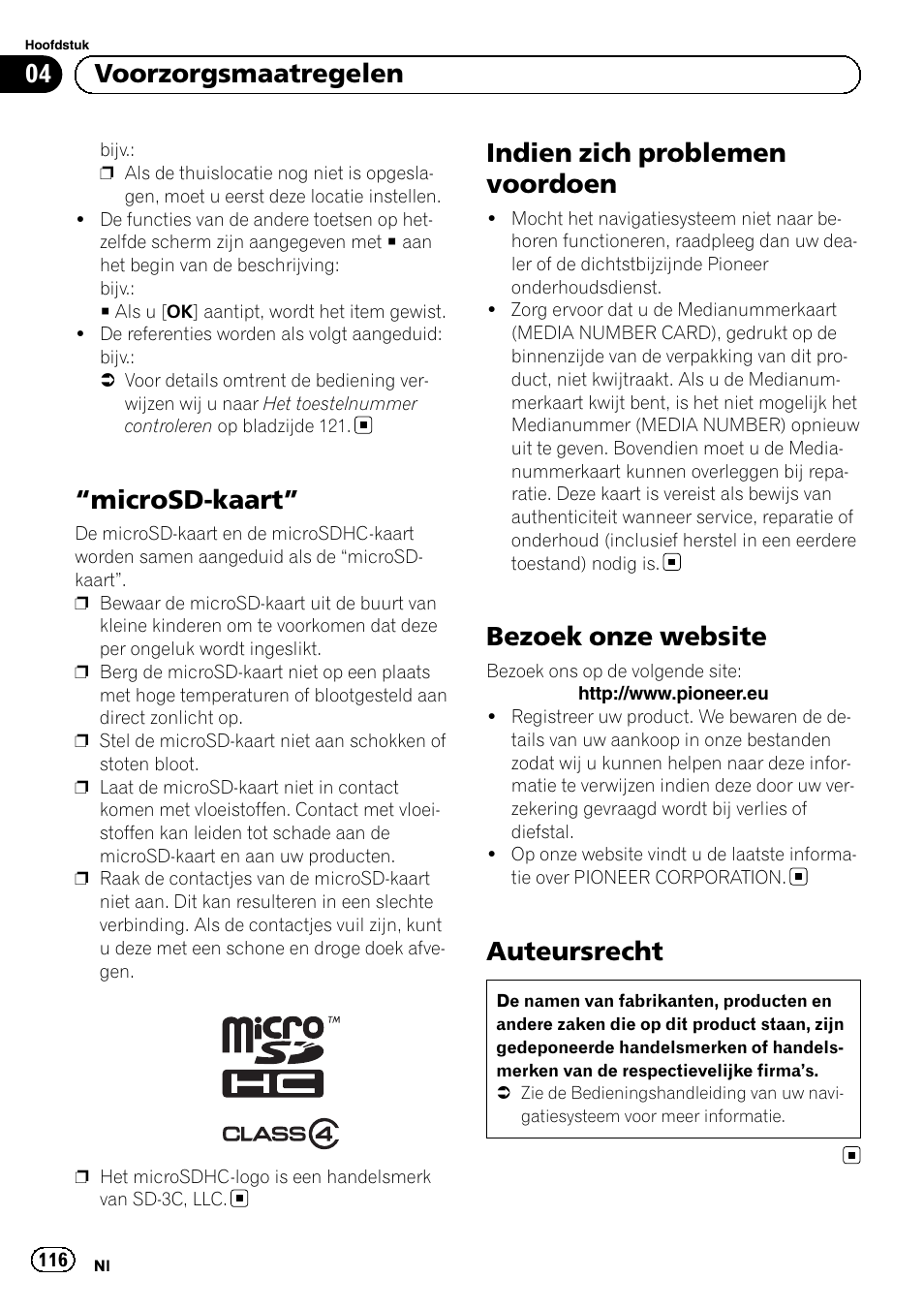 Microsd-kaart” 116 indien zich problemen voordoen, Bezoek onze website, Auteursrecht | Microsd-kaart, Indien zich problemen voordoen, 04 voorzorgsmaatregelen | Pioneer AVIC-F9310BT User Manual | Page 116 / 128