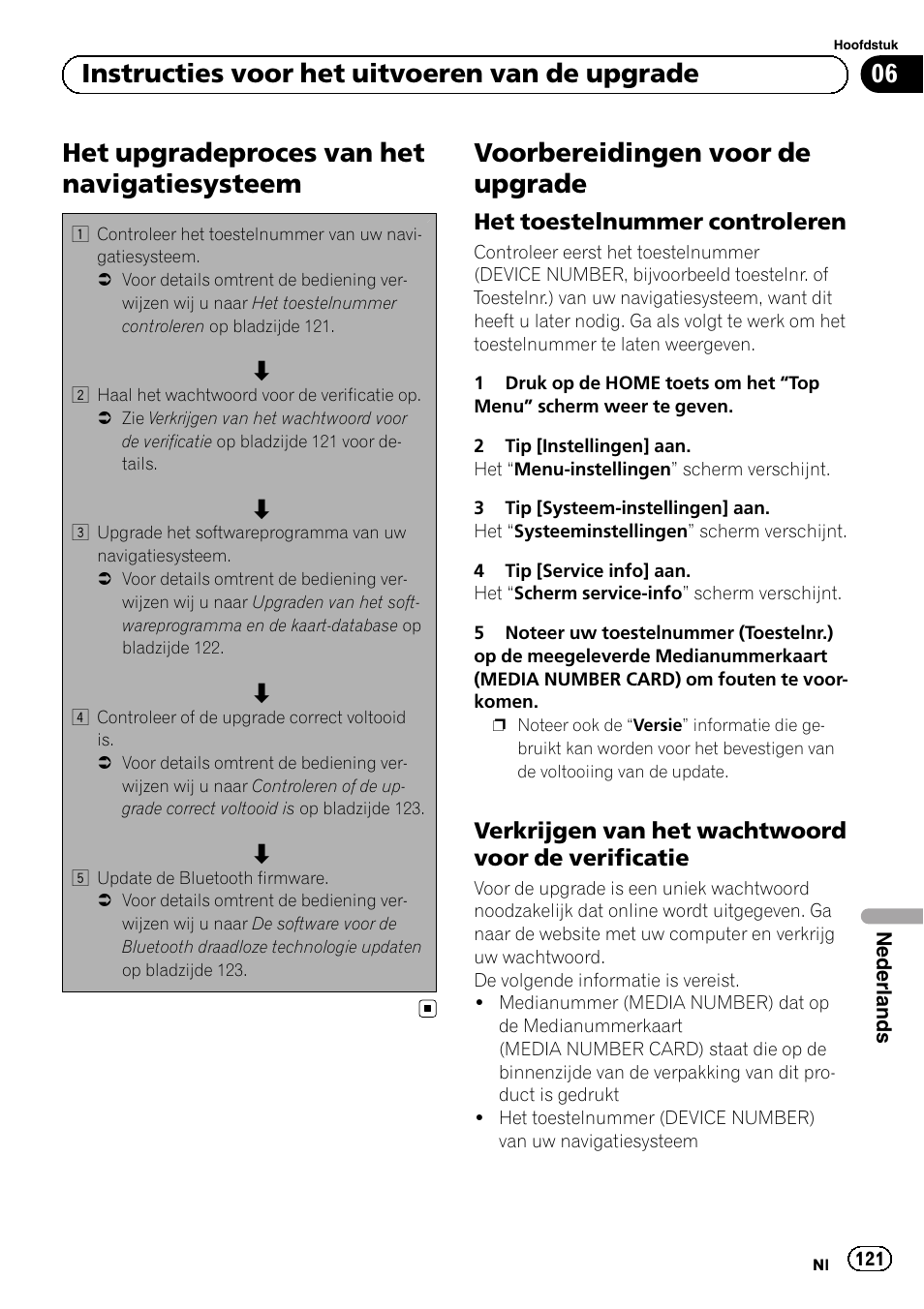 Navigatiesysteem, Voorbereidingen voor de upgrade, Het toestelnummer controleren 121 | Verkrijgen van het wachtwoord voor de, Verificatie, Het upgradeproces van het navigatiesysteem, 06 instructies voor het uitvoeren van de upgrade, Het toestelnummer controleren, Verkrijgen van het wachtwoord voor de verificatie | Pioneer AVIC-F9310BT User Manual | Page 121 / 128