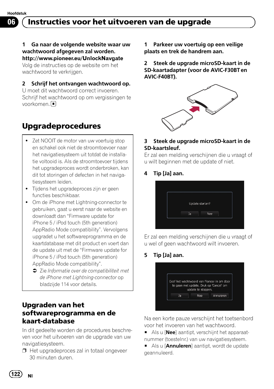 Upgradeprocedures, Upgraden van het softwareprogramma, En de kaart-database | 06 instructies voor het uitvoeren van de upgrade | Pioneer AVIC-F9310BT User Manual | Page 122 / 128