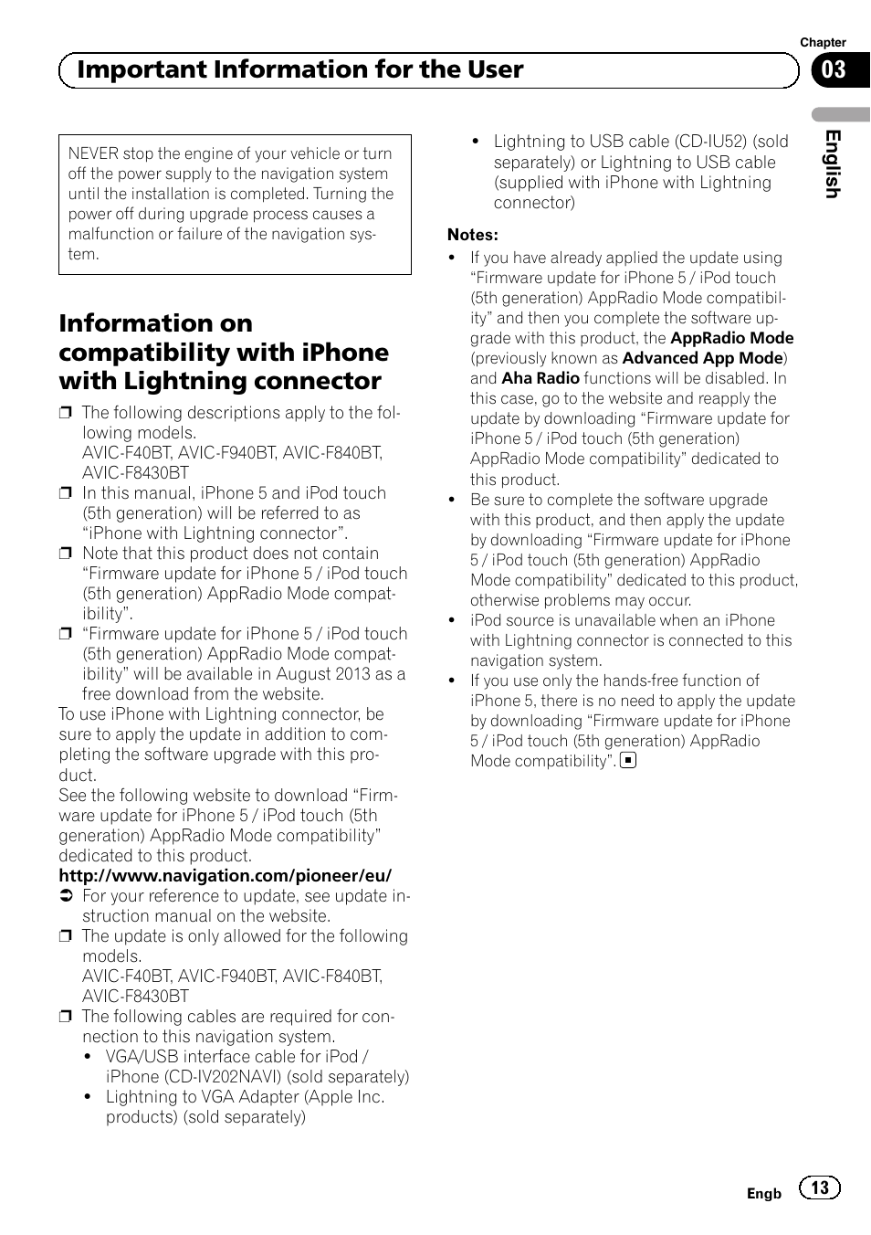 With lightning connector, 03 important information for the user | Pioneer AVIC-F9310BT User Manual | Page 13 / 128