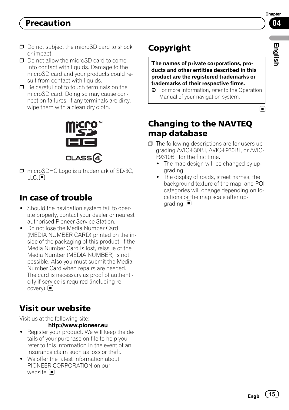 In case of trouble, Visit our website, Copyright | Changing to the navteq map database, 04 precaution | Pioneer AVIC-F9310BT User Manual | Page 15 / 128