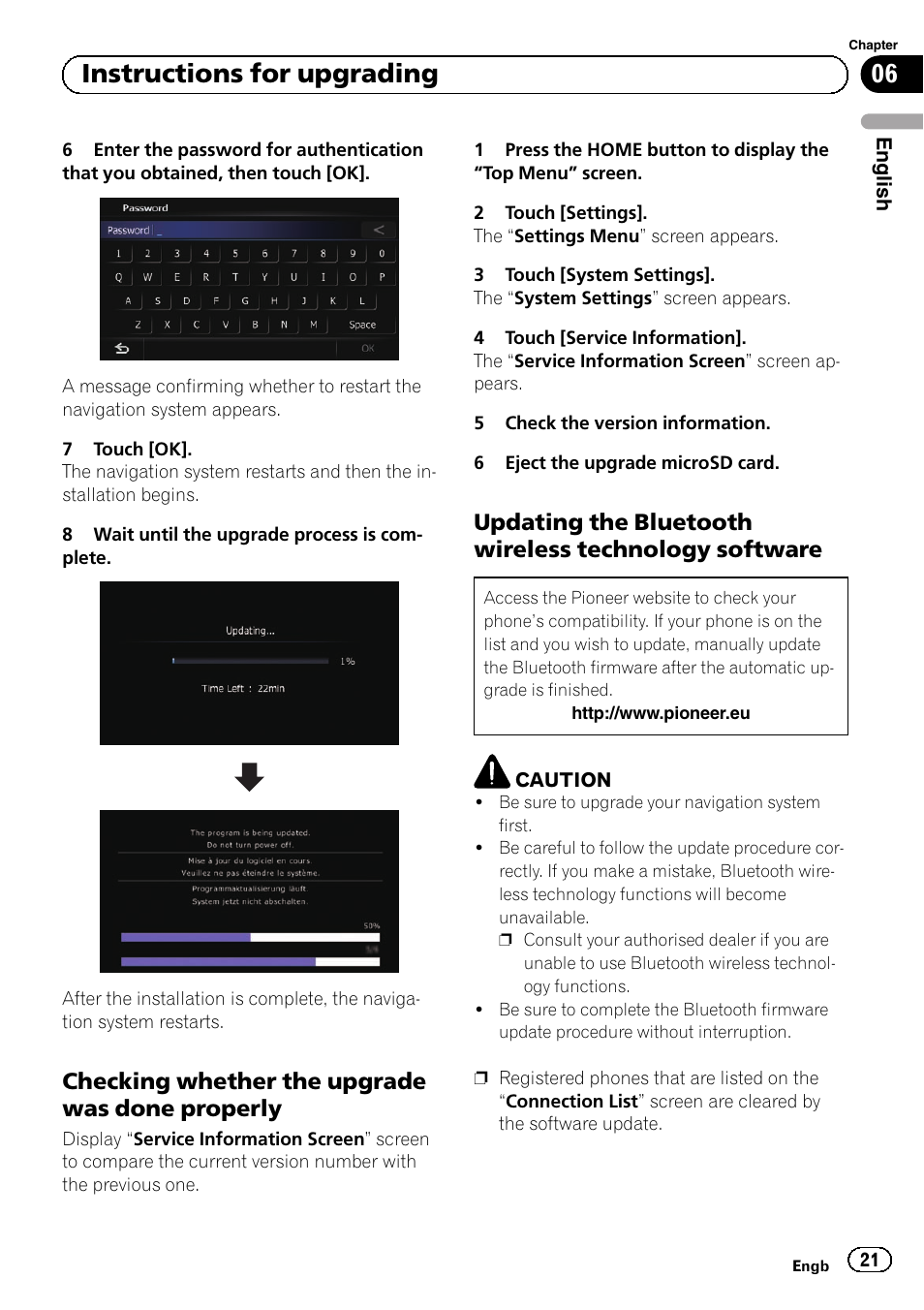 Checking whether the upgrade was, Done properly, Updating the bluetooth wireless | Technology software, 06 instructions for upgrading, Checking whether the upgrade was done properly | Pioneer AVIC-F9310BT User Manual | Page 21 / 128