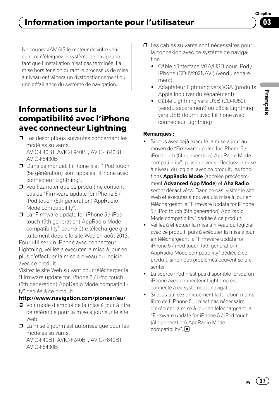 Information importante pour l, Utilisateur, Informations sur la compatibilité avec | Iphone avec connecteur lightning 37, 03 information importante pour l ’utilisateur | Pioneer AVIC-F9310BT User Manual | Page 37 / 128