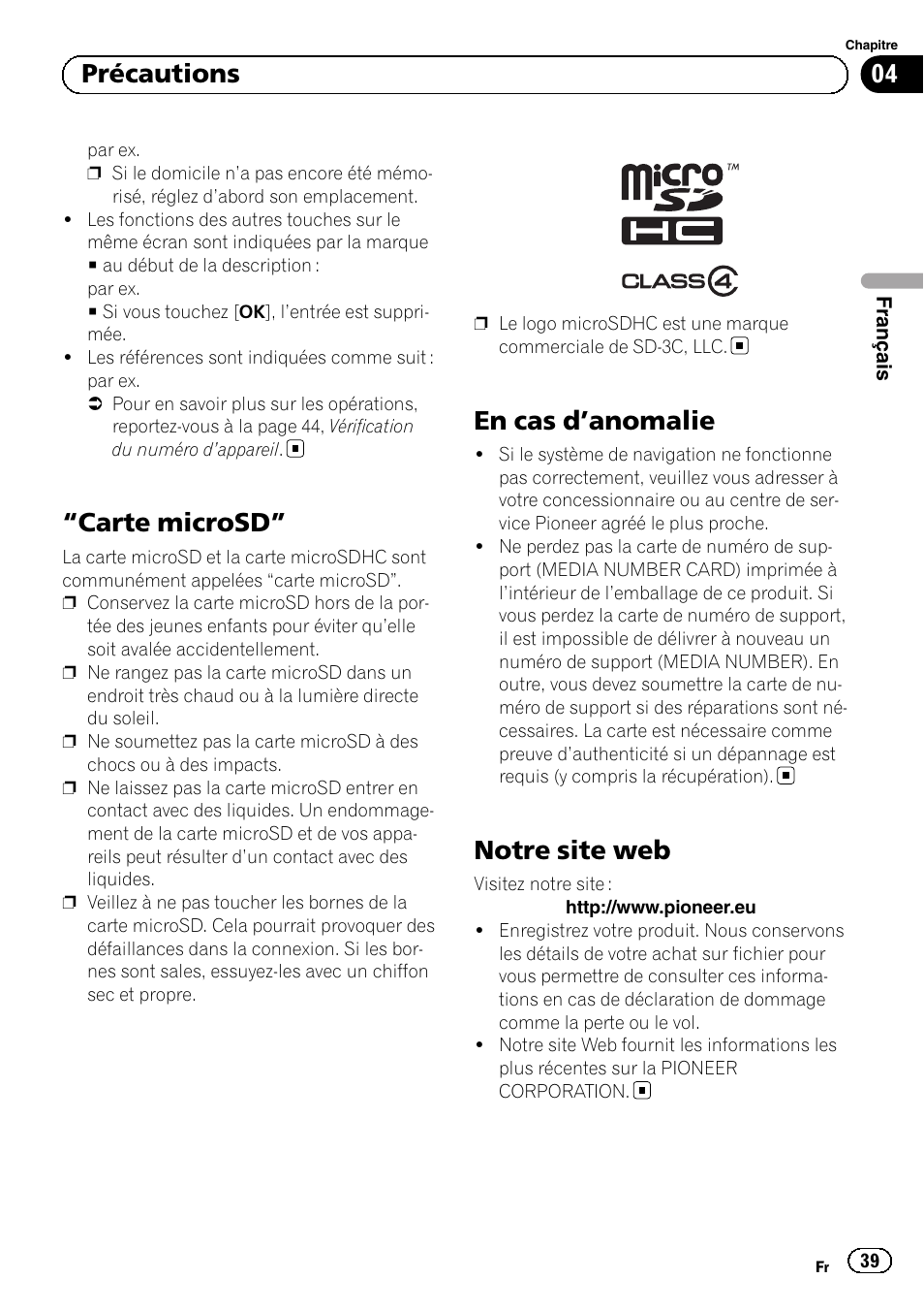 Carte microsd” 39 en cas d, Anomalie 39, Notre site web | Carte microsd, En cas d ’anomalie, 04 précautions | Pioneer AVIC-F9310BT User Manual | Page 39 / 128